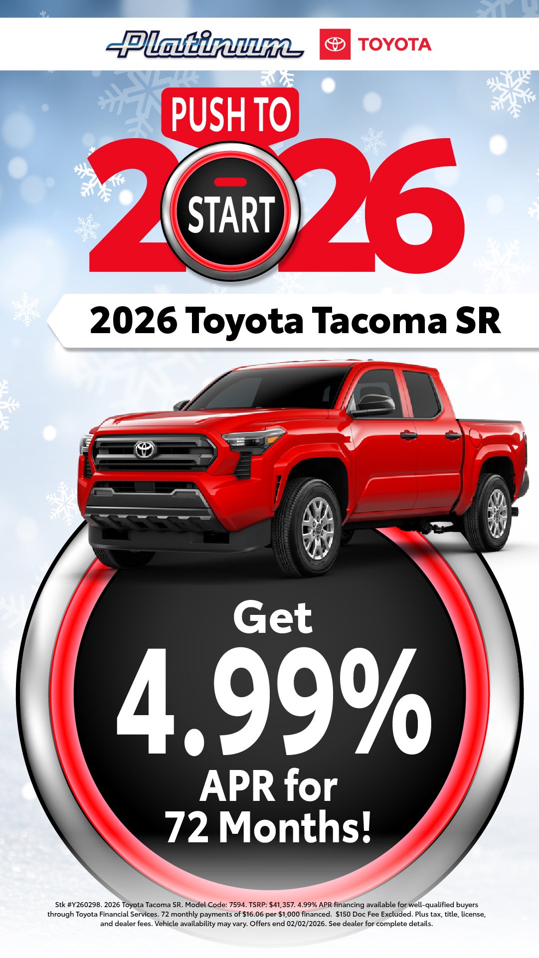 Shop 4.99% APR For 72 Months on 2026 Toyota Tacoma!