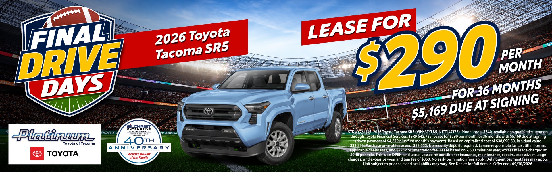 2026 Toyota Tacoma SR5 — $290/Month Lease
